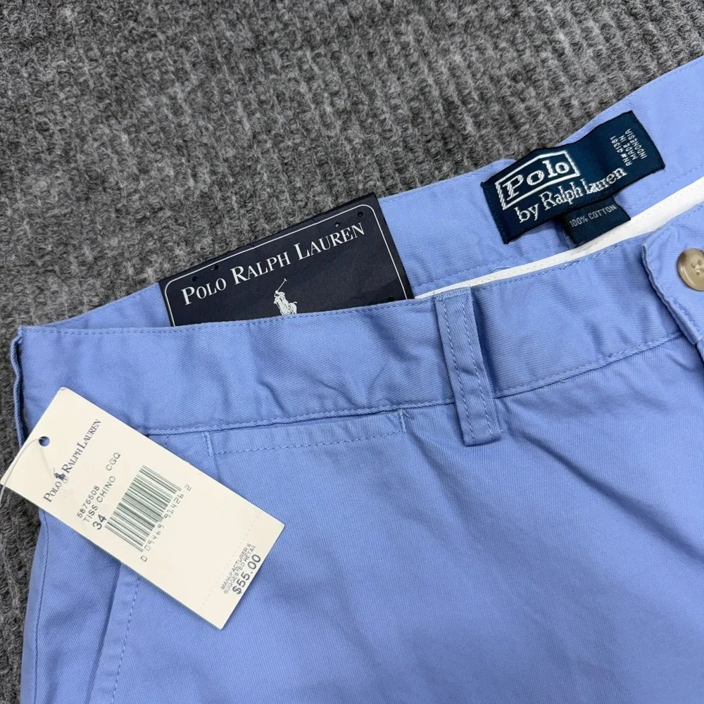 NWT Vtg Polo Ralph Lauren Blue Cotton Flat Front Chino Shorts Mens 34x9.5 Inseam